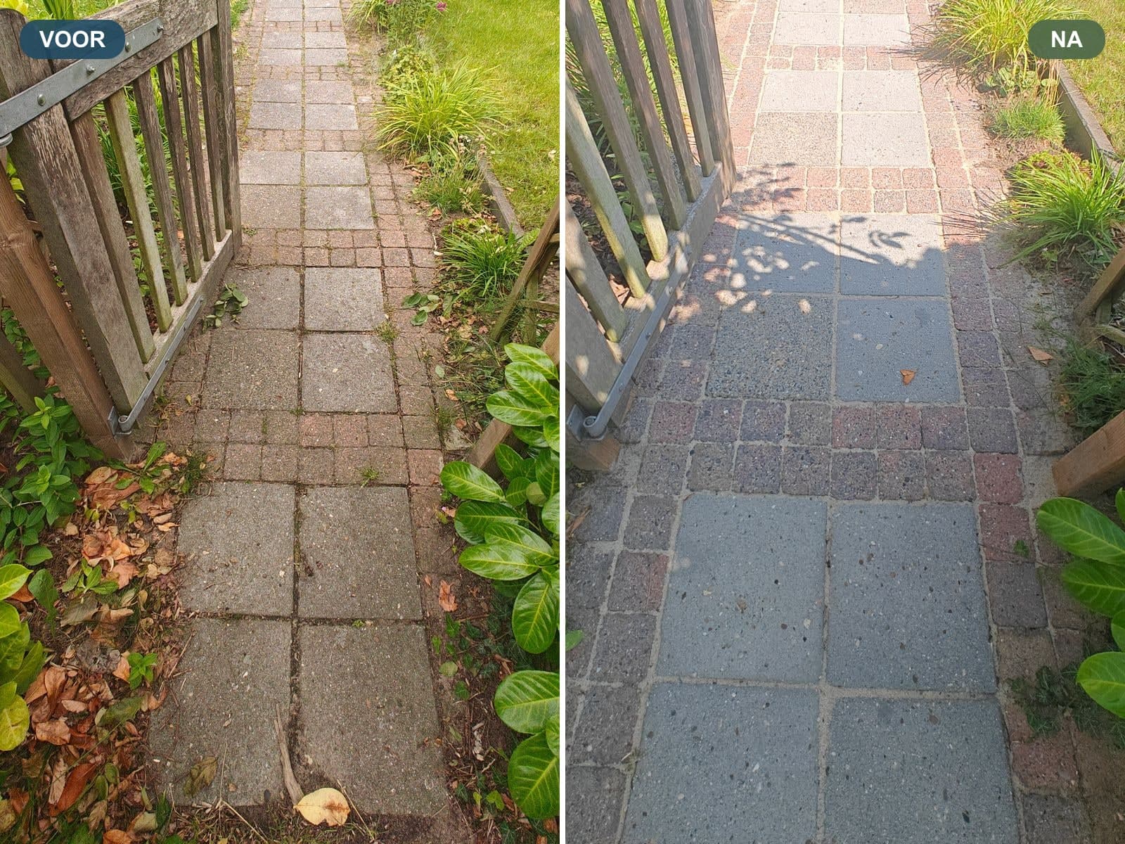 Voor en na: hetzelfde tuinpad met groene aanslag, en strak gereinigd